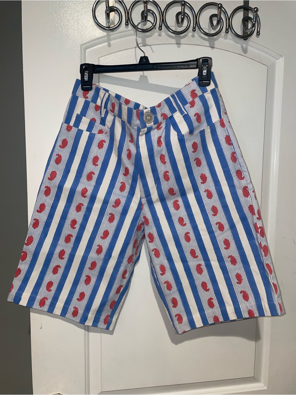 SZ Block Prints Blue Stripe & Coral Print Ribbon Bermuda Shorts Jorts 🪸 XS RARE! - Picture 3 of 6